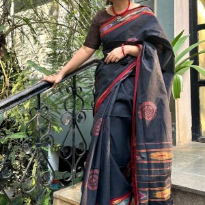 Black Red Ikat Border Handpainted Cotton Saree