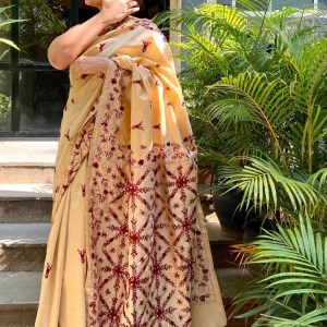 Beige and Maroon Kantha Work on Bengal Silk